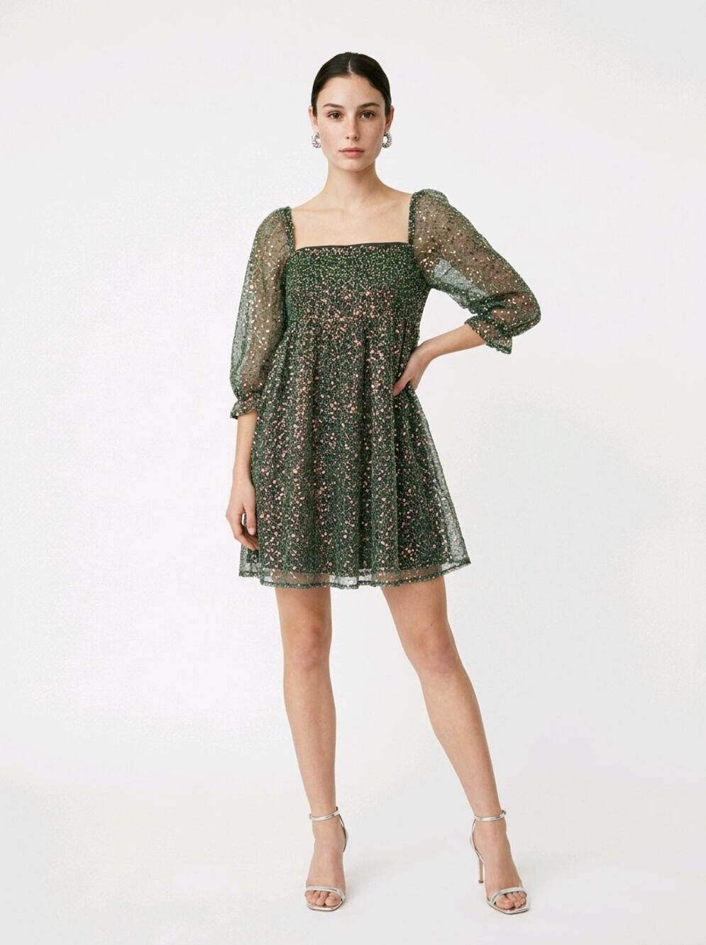 Altar’d State XS Emerald Green Sequin Puff Sleeve Mini Dress
